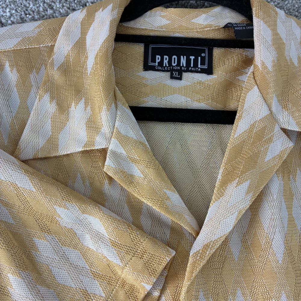 Pronti‎ Collection Mens XL Button Up Short Sleeve Shirt Beige Diamond Print